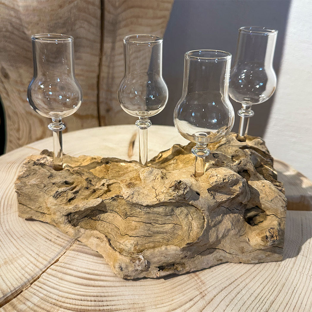 4er Schnapsglas-Set mit Wurzelholz