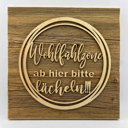 Deko-Loops auf Altholzplatte "Wohlfühlzone" - Ellmauer Zirbenwelt