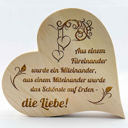 Zirbenherz mit Gravur "Aus einem Füreinander ..." - Ellmauer Zirbenwelt