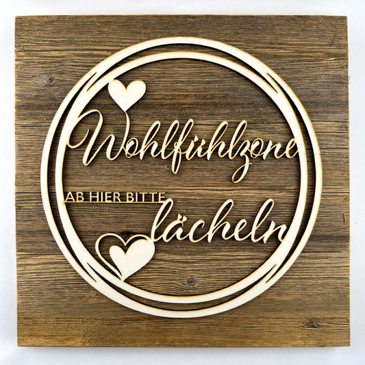 Deko-Loops auf Altholzplatte "Wohlfühlzone" - Ellmauer Zirbenwelt