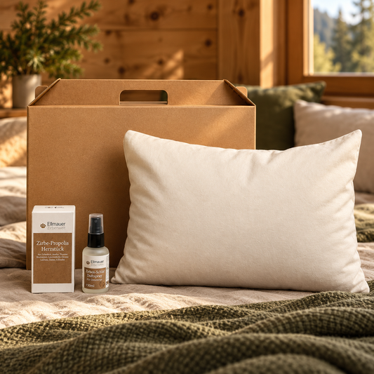 PREMIUM Zirben-Kopfkissen – geeignet zum Schlafen inkl. Herzstück und Spray
