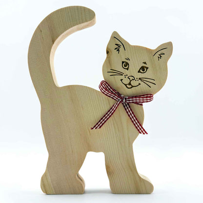 Zirbenfigur "Katze" mit roten Band